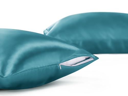 Bedsure Satin Pillowcase Set of 2 with Zipper - Queen Size 20x30 Inches, Silky Soft for Hair & Skin, Teal