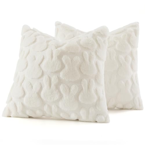 Cream White Faux Fur Bunny Throw Pillow Covers - Set of 2, 18x18