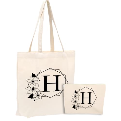 Initial Monogrammed Canvas Tote Bag with Cosmetic Bag Set