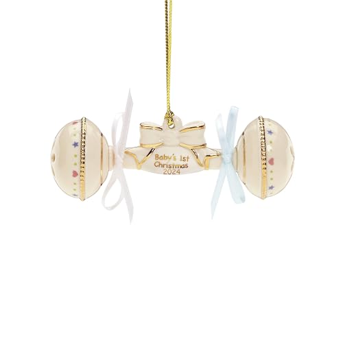 Baby's First Christmas Rattle Ornament - Pink & Blue Bows, 2024 Inscription