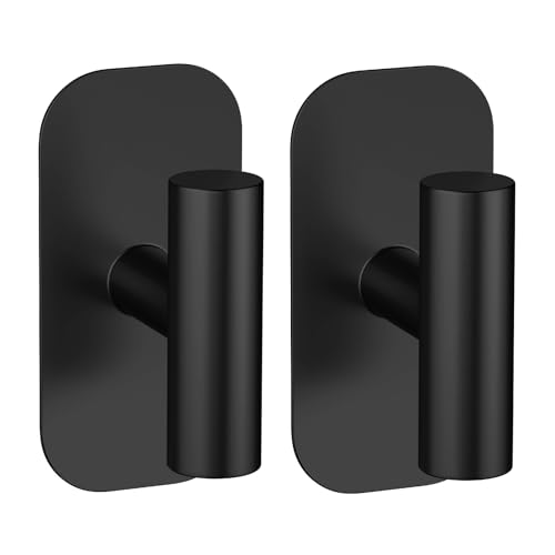 IMUMU Adhesive Towel Hooks, Heavy Duty Stainless Steel Wall Hanger - Black, 2pk