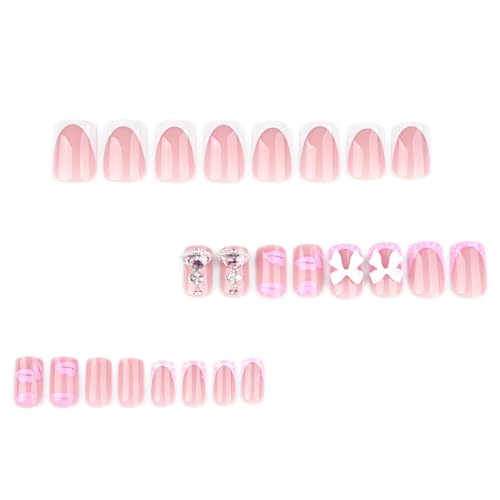 Pink French Tip Press on Nails Short Square Fake Nails with 3D Bow Rhinestones