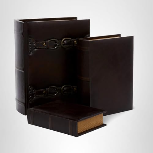 Deco 79 Wooden Decorative Box Faux Storage Book Book Shaped Boxes with Faux Leather Detailing, Set of 3 Decorative Keepsake Boxes 14", 11", 9"H, Brown