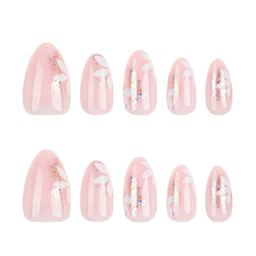 Glitter Pink Press On Nails with Flower Designs Short French Tip False Nails