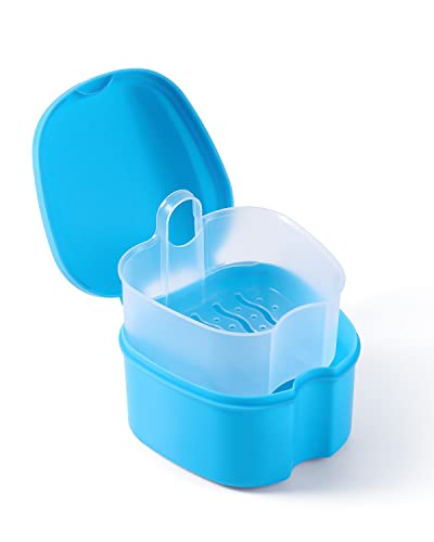 JMU Denture Bath Case with Strainer Basket, Light Blue Mouthguard Cup