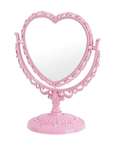 Pink Heart Shaped Double-Sided Rotatable Vanity Mirror for Desk - Cute Coquette Decor