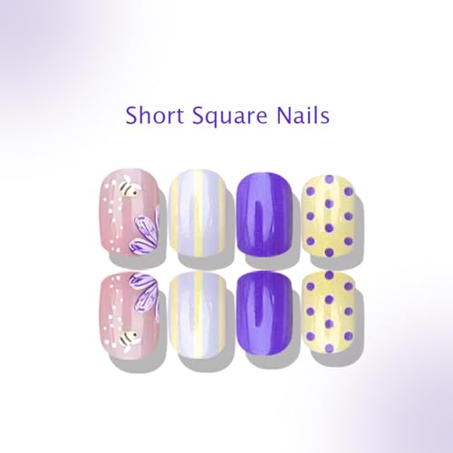 Purple Short Square Press on Nails with Bee and Flower Design Glossy Fake Nails Kit