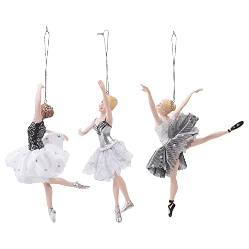 Set of 3 Black Silver White Ballerina Christmas Ornaments - Whimsical Holiday Decor