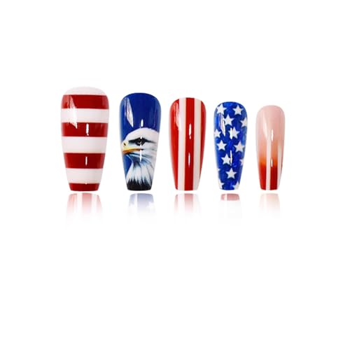 ASABITE Independence Day Long Coffin Press On Nails - 24 Pcs Patriotic Fake Nails with Star and Stripe Design