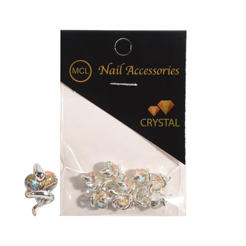 Silver Snake Nail Charms with Heart Rhinestones 10PCS 3D Gems