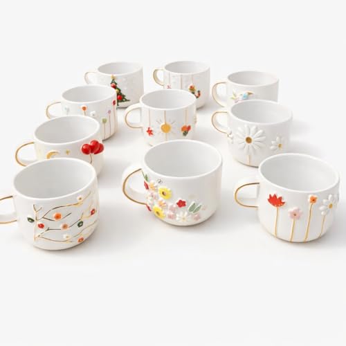 Flowers 12 oz Handmade Ceramic Mug with Gold Accents - Floral Coffee Cup