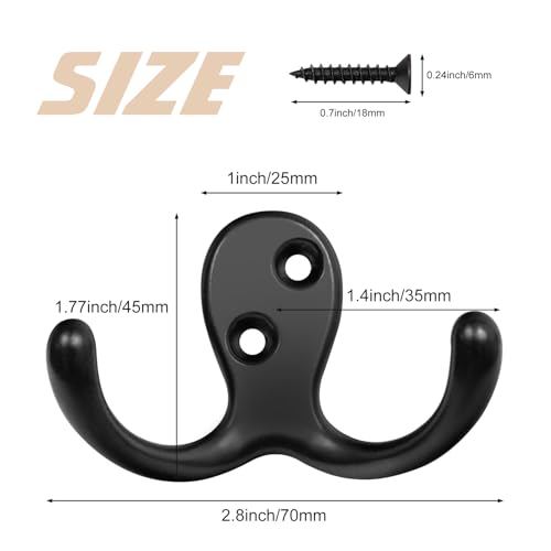 Homanu 10 Pack Black Double Prong Coat Hooks with Screws