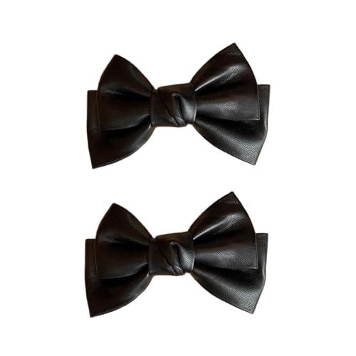 Black PU Leather Bow Hair Clip Set - 2 Pcs Korean Style Duckbill Barrette