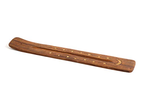 Handmade Wooden Incense Holder with Brass Moon Inlay - 10"