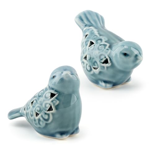 Set of 2 Ceramic Bird Figurines - Handcrafted Blue Bird Statues for Home Decor