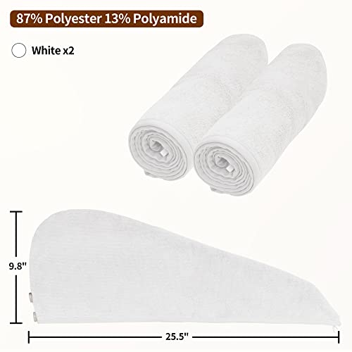 NEXCOVER Microfiber Hair Towel Wraps - 2 Pack White, 9.8" x 25.5"