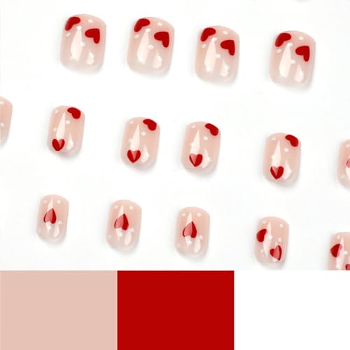 Valentine's Day Short Square Press On Nails with Red Heart Design