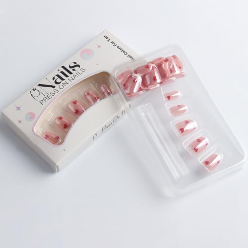 Valentine Press on Nails Short Square French Heart Fake Nails Acrylic