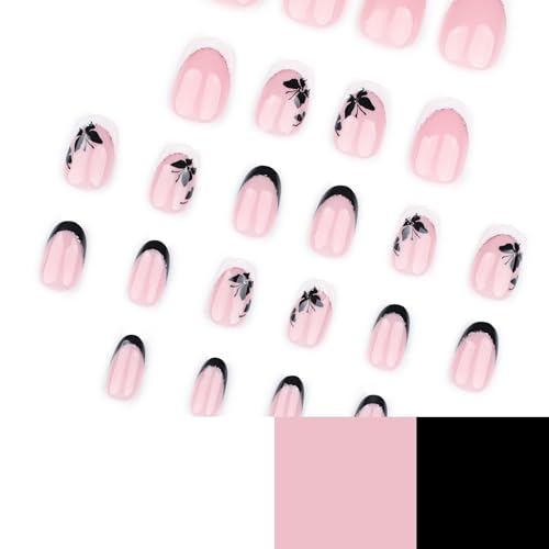 Short Press on Nails French Tip with Butterfly Design Fake Nails Kit