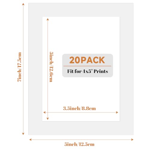 Cecliy 20 Pack Picture Frame Mats, 5x7 Matted to 4x5, Acid-Free White