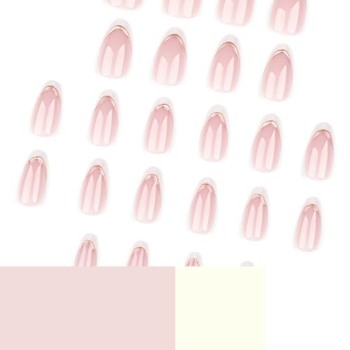 White French Tip Press on Nails Short Almond with Gold Line Design