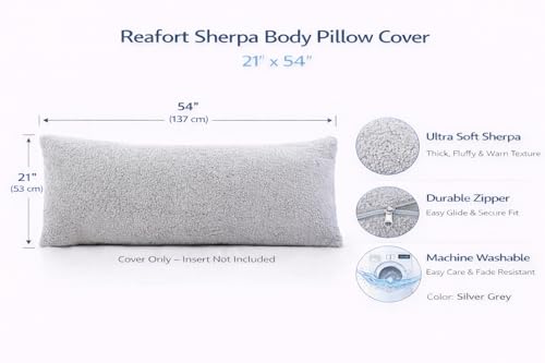 Reafort Silver Grey Sherpa Body Pillow Cover 21"x54" with Zipper
