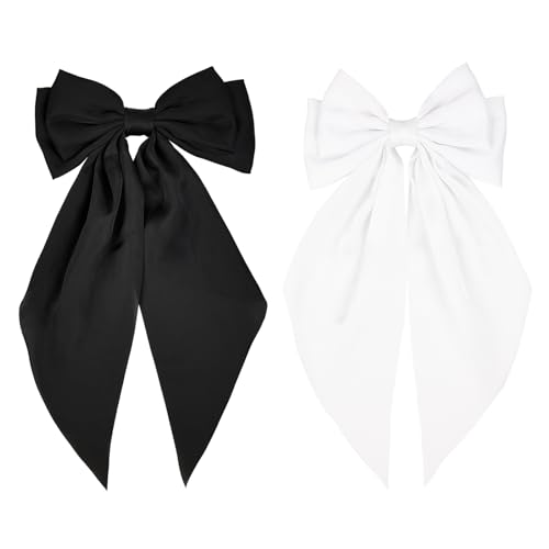 Satin Hair Bow Clips 2 Pack Long Tail Ribbon Barrettes for Women