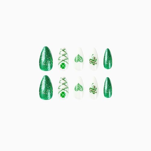 St. Patrick's Day Press On Nails Medium Almond Green Clover Rhinestone 24Pcs