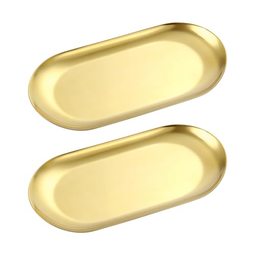 Gold Stainless Steel Decorative Tray Set - 2 Oval Organizers for Jewelry & Cosmetics