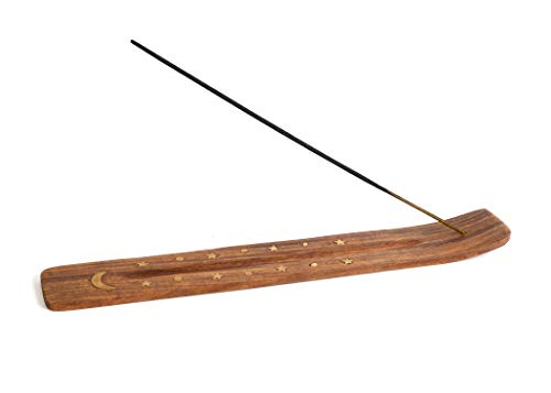 Handmade Wooden Incense Holder with Brass Moon Inlay - 10"