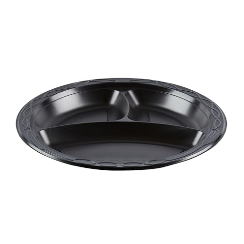 RW Base 10.4 Inch Microwavable Food Plates, 100 Round Plastic Plates - 3 Compartments, Disposable, Black Plastic Dinner Plates, Serve Hot And Cold Foods, For Restaurants And Cafes - Restaurantware