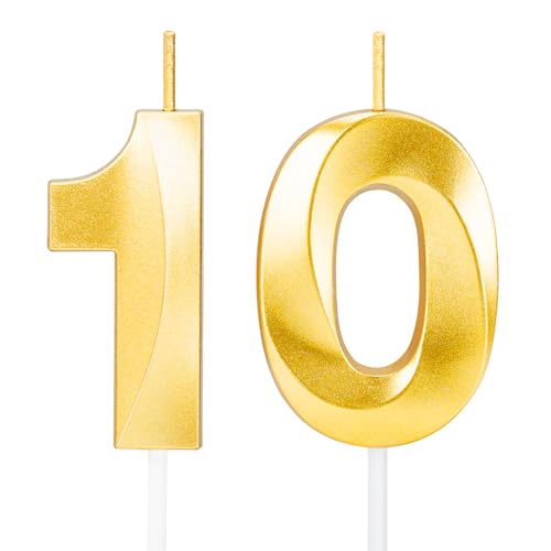 Gold Number 10 Birthday Candles - 10th Cake Topper Set
