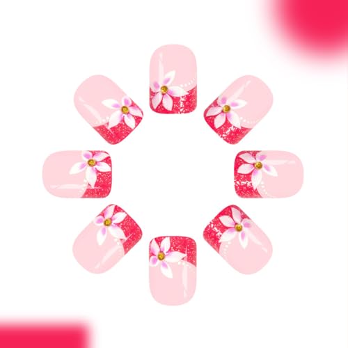 ZOAZJINAZ Peach Blossom Press On Nails Pink French Glitter False Nails