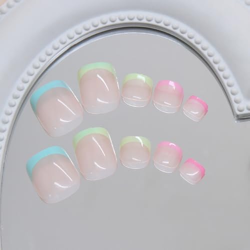 Colorful French Tip Press on Toenails Short Square Fake Toe Nails