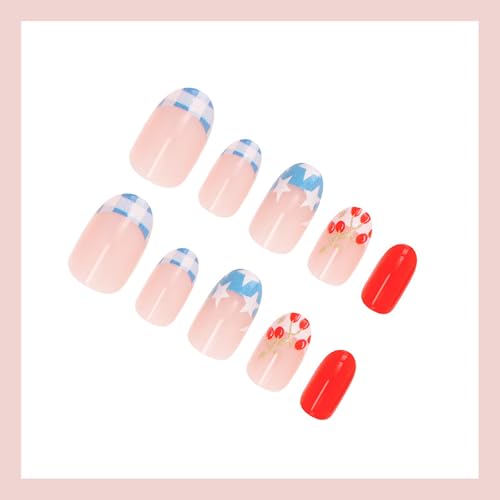 4th of July Press on Nails Medium Almond Blue French Tip Fake Nails