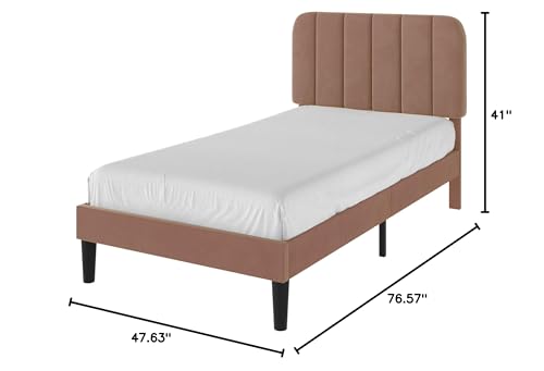 VECELO Twin Size Bed Frame with Upholstered Headboard, Velvet Platform Bedframe Mattress Foundation, Strong Wood Slat Support, No Box Spring Needed,Warm Brown