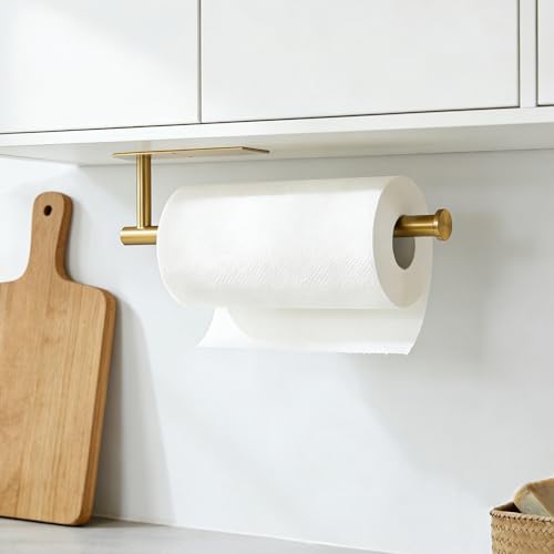Gold Stainless Steel Under Cabinet Paper Towel Holder - Self-Adhesive Wall Mount Kitchen & Bathroom Organizer