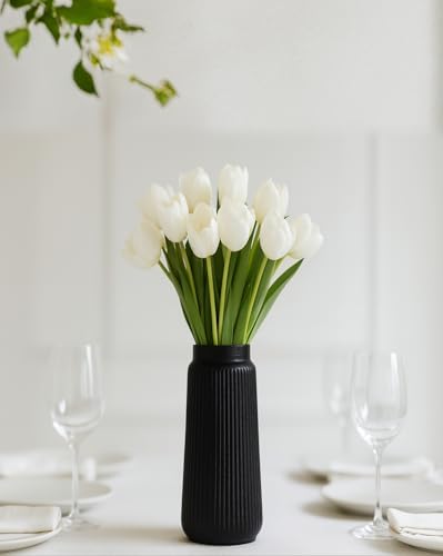 CheeryStow Matte Black 8-Inch Ceramic Vase - Conical Ribbed Flower Holder