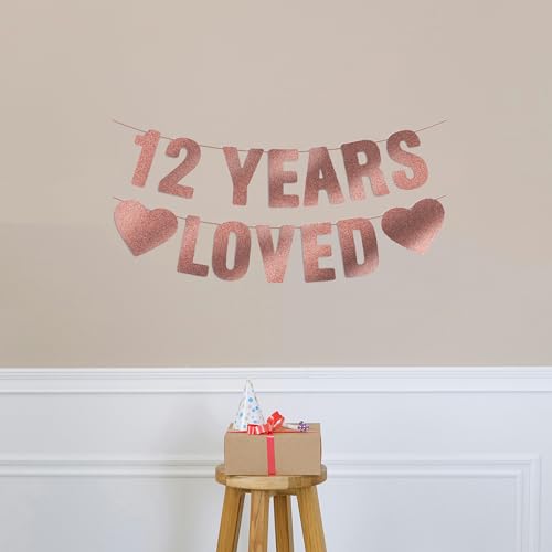 12 Years Loved Rose Gold Glitter Banner for 12th Birthday