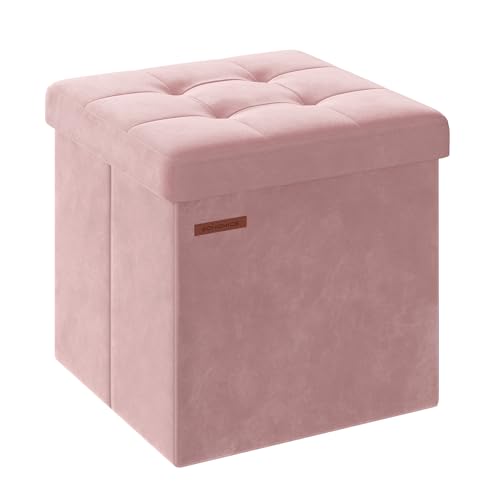 SONGMICS Small Storage Ottoman, Folding Ottoman Cube, 15 x 15 x 15 Inches, Footstool, Footrest, 11 Gal. (43 L), Velvet Surface, for Bedroom, Living Room, Dorm, Jelly Pink ULSF227R01