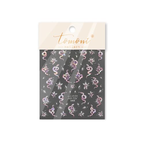 HORVEEN Holographic Floral Snake Nail Art Stickers Pink and White Decals