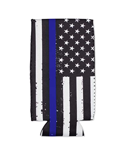 Thin Blue Line Collapsible Beer Can Cooler Sleeves - 2 Pack - Slim Size 12 oz