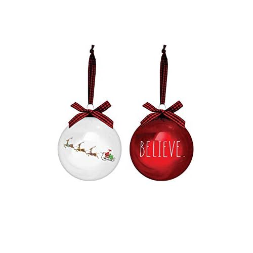 Rae Dunn Christmas Ornaments - Set of 2 Glass Balls - 100mm / 3.94 Inch Large Hanging Holiday Decorations for Xmas Tree Believe