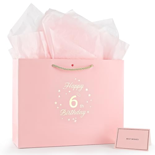 Rose Gold 6th Birthday Gift Bag with Wrapping Paper & Card