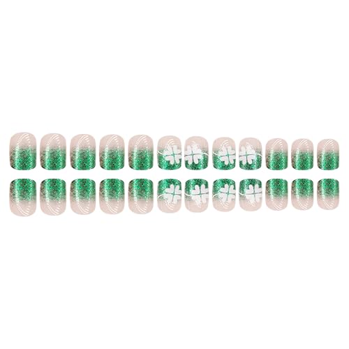 St. Patrick's Day Short Square Green French Tip Press on Nails with Clover