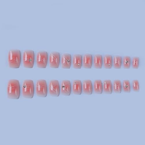 Pink Gradient Press on Nails Short Square Rhinestone False Nails Kit