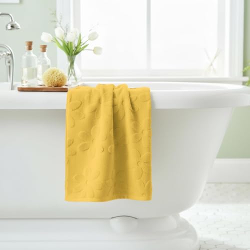 Yellow 3D Floral Jacquard Hand Towel - 100% Cotton, 13.7" x 29.5"