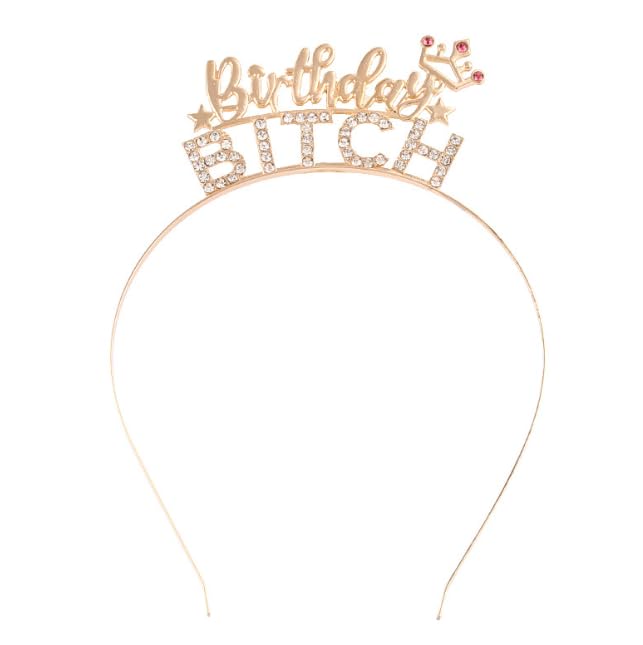 Birthday Bitch Rhinestone Headband and Glitter Satin Sash Set