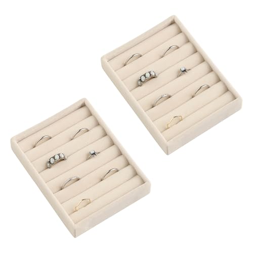 Frebeauty Velvet Jewelry Drawer Organizer, 7 Slot Ring Trays, 2 Pack, Beige