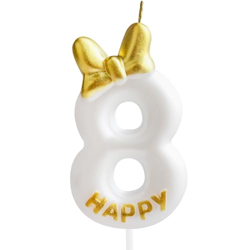 Elegant Pearl White & Gold 8th Birthday Candle Cake Topper